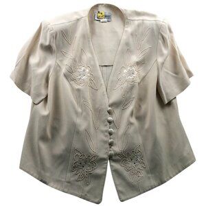 S.L. Fashions Womens Blazer Jacket Size 18WP Embroidered Floral Ivory Button Up